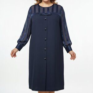 Vintage David Warren I Magnin Dress Navy Blue Shift Stripes Retro 24